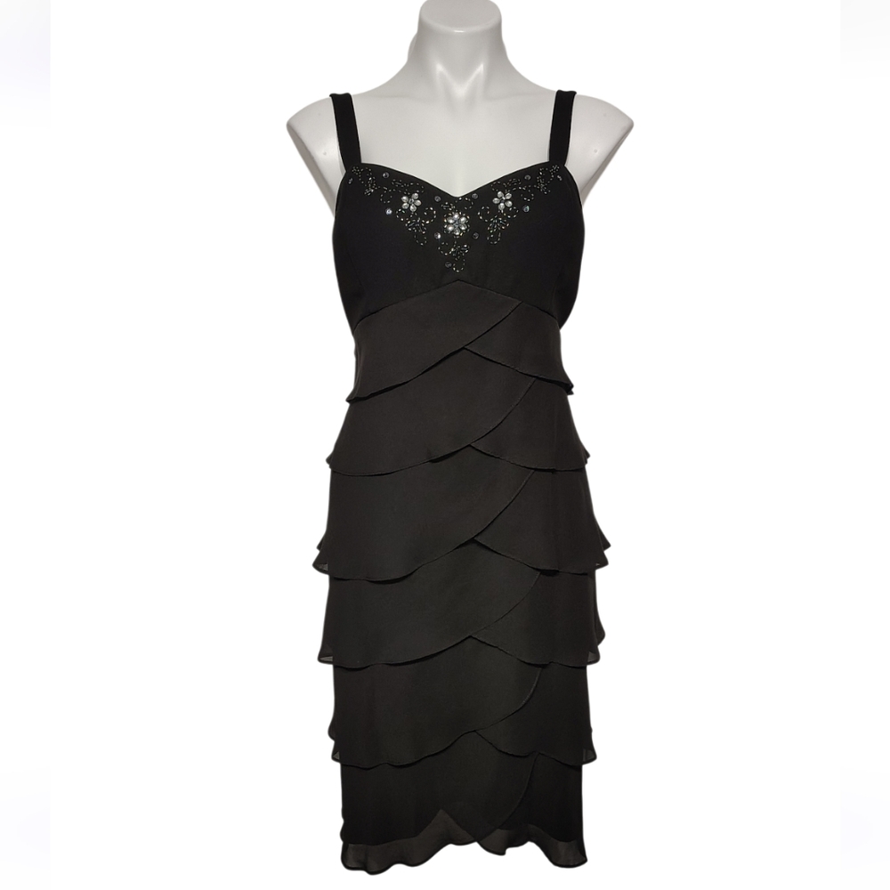 Embellished Black Tiered Midi Dress